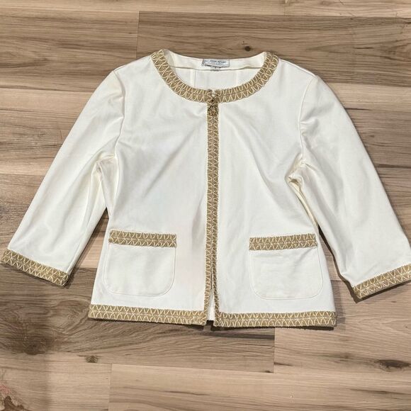 St. John Sport by Marie Grey Cream Jute Braid Trim Full Zip Jacket Women’s Small - Picture 1 of 3